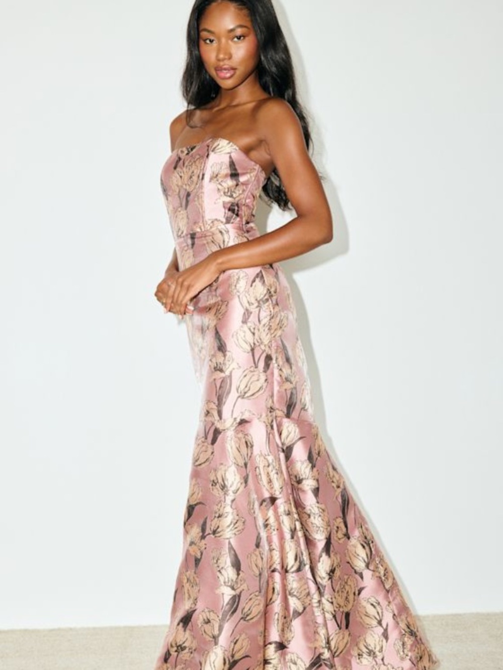 NWT Lulus Gowning Around Mauve Floral Jacquard Strapless Maxi Dress - Size S